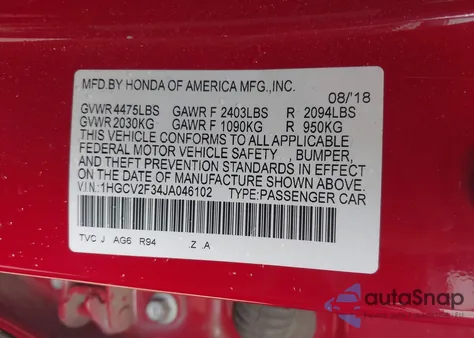 2018 Honda Accord Sport 2.0T from USA, damaged, VIN 1HGCV2F34JA046102